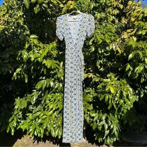 Playa Lucila navy yellow floral lace trim short sleeve maxi wrap dress